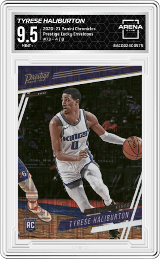 Tyrese Haliburton from the 2020-21 Panini Chronicles set featuring a Lucky Envelopes parallel graded by Arena Club and given an overall grade of 9.5.