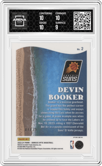 Devin Booker from the 2023-24 Donruss Optic set featuring a Orange parallel graded by Arena Club and given an overall grade of 9.5.