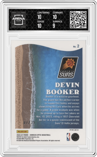 Devin Booker from the 2023-24 Donruss Optic set featuring a Orange parallel graded by Arena Club and given an overall grade of 9.5.
