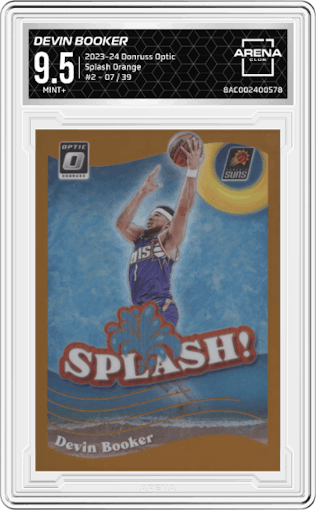 Devin Booker from the 2023-24 Donruss Optic set featuring a Orange parallel graded by Arena Club and given an overall grade of 9.5.