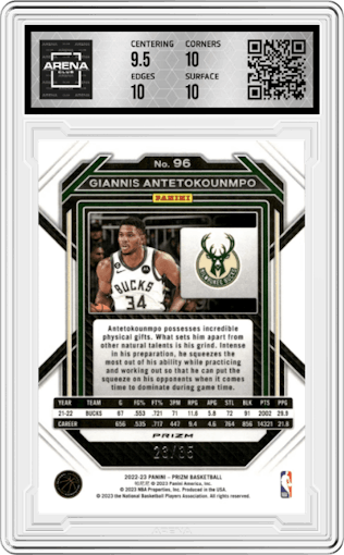 Giannis Antetokounmpo from the 2022-23 Panini Prizm  set featuring a Blue Shimmer parallel graded by Arena Club and given an overall grade of 10.
