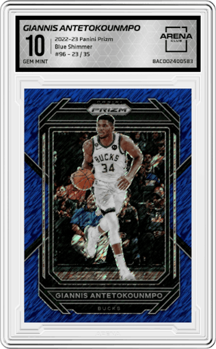 Giannis Antetokounmpo from the 2022-23 Panini Prizm  set featuring a Blue Shimmer parallel graded by Arena Club and given an overall grade of 10.