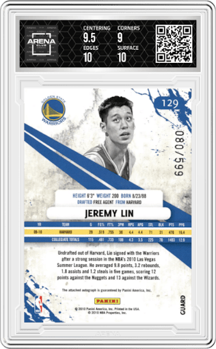 Jeremy Lin from the 2010-11 Panini Rookies & Stars set featuring a Longevity parallel graded by Arena Club and given an overall grade of 9.5.