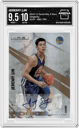 Jeremy Lin from the 2010-11 Panini Rookies & Stars set featuring a Longevity parallel graded by Arena Club and given an overall grade of 9.5.