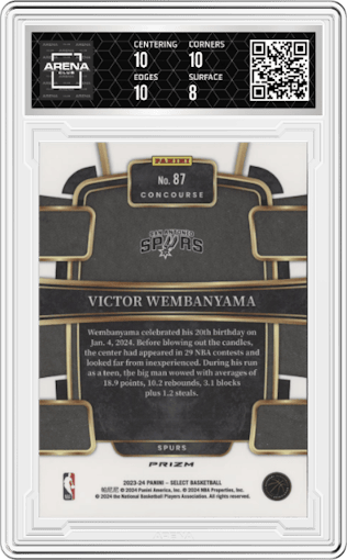 Victor Wembanyama from the 2023-24 Panini Select  set featuring a Blue Prizm parallel graded by Arena Club and given an overall grade of 8.5.