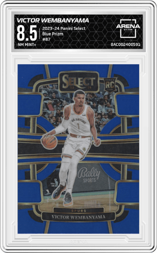 Victor Wembanyama from the 2023-24 Panini Select  set featuring a Blue Prizm parallel graded by Arena Club and given an overall grade of 8.5.