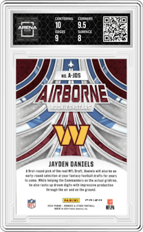 Jayden Daniels from the 2024 Panini Rookies & Stars set graded by Arena Club and given an overall grade of 8.5.