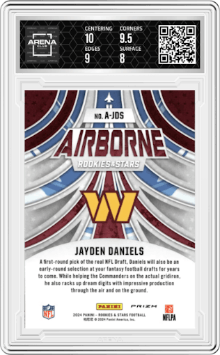 Jayden Daniels from the 2024 Panini Rookies & Stars set graded by Arena Club and given an overall grade of 8.5.