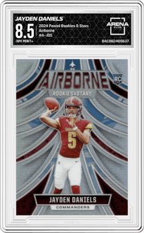Jayden Daniels from the 2024 Panini Rookies & Stars set graded by Arena Club and given an overall grade of 8.5.