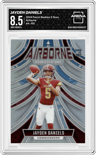 Jayden Daniels from the 2024 Panini Rookies & Stars set graded by Arena Club and given an overall grade of 8.5.