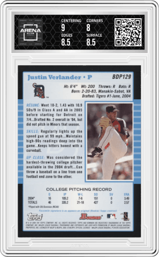 Justin Verlander from the 2005 Bowman Draft Picks & Prospects set graded by Arena Club and given an overall grade of 8.5.