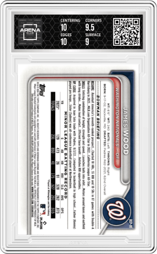 James Wood from the 2024 Bowman set featuring a Speckle Refractor parallel graded by Arena Club and given an overall grade of 9.5.