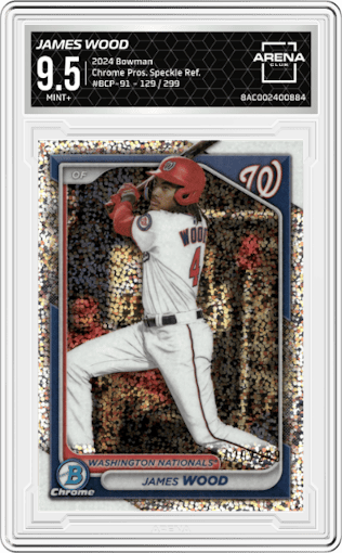 James Wood from the 2024 Bowman set featuring a Speckle Refractor parallel graded by Arena Club and given an overall grade of 9.5.