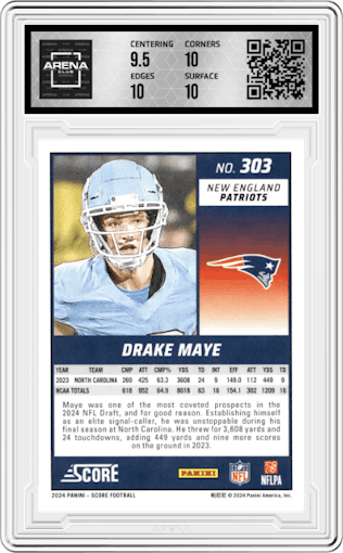 Drake Maye from the 2024 Panini Score set graded by Arena Club and given an overall grade of 10.