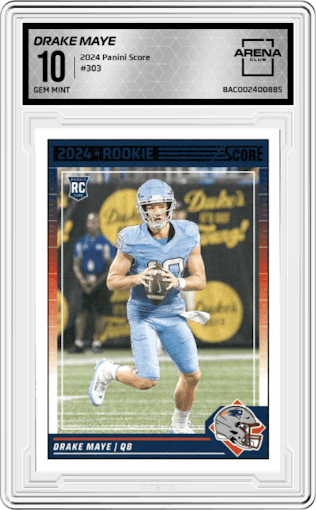 Drake Maye from the 2024 Panini Score set graded by Arena Club and given an overall grade of 10.