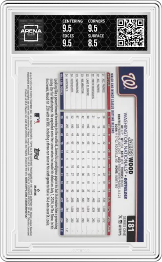 James Wood from the 2025 Topps set featuring a Rainbow Foil parallel graded by Arena Club and given an overall grade of 9.