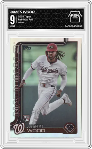James Wood from the 2025 Topps set featuring a Rainbow Foil parallel graded by Arena Club and given an overall grade of 9.