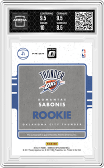 Domantas Sabonis from the 2016-17 Panini Donruss Optic set featuring a Purple parallel graded by Arena Club and given an overall grade of 9.