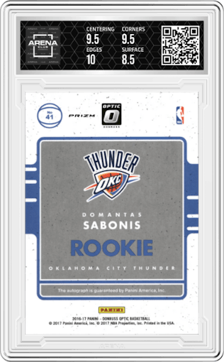 Domantas Sabonis from the 2016-17 Panini Donruss Optic set featuring a Purple parallel graded by Arena Club and given an overall grade of 9.