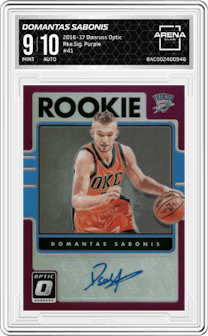 Domantas Sabonis from the 2016-17 Panini Donruss Optic set featuring a Purple parallel graded by Arena Club and given an overall grade of 9.