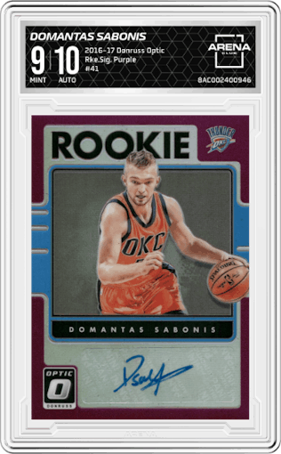 Domantas Sabonis from the 2016-17 Panini Donruss Optic set featuring a Purple parallel graded by Arena Club and given an overall grade of 9.