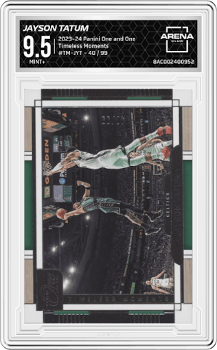Jayson Tatum from the 2023-24 Panini One and One set graded by Arena Club and given an overall grade of 9.5.