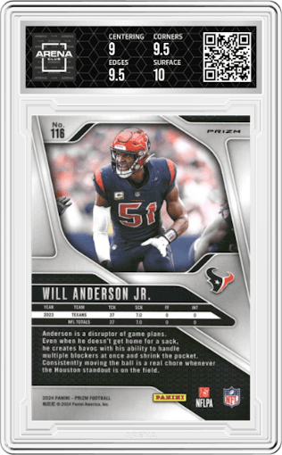Will Anderson from the 2024 Panini Prizm set featuring a White Sparkle parallel graded by Arena Club and given an overall grade of 9.5.