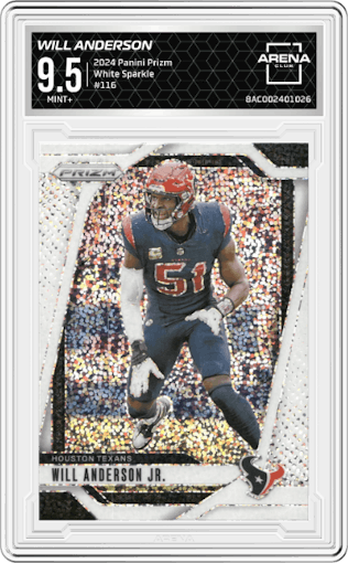 Will Anderson from the 2024 Panini Prizm set featuring a White Sparkle parallel graded by Arena Club and given an overall grade of 9.5.