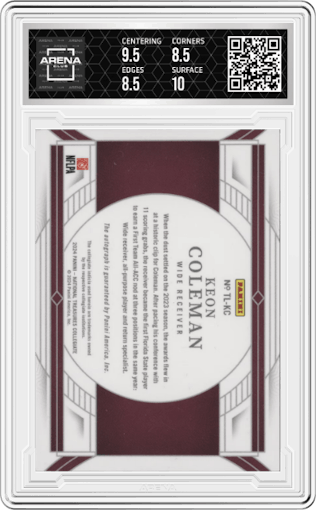 Keon Coleman from the 2024 Panini National Treasures Collegiate set graded by Arena Club and given an overall grade of 9.
