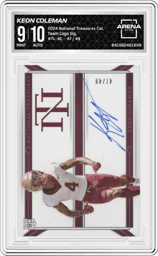 Keon Coleman from the 2024 Panini National Treasures Collegiate set graded by Arena Club and given an overall grade of 9.