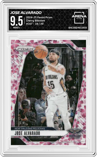 Jose Alvarado from the 2024-25 Panini Prizm set featuring a Cherry Blossom parallel graded by Arena Club and given an overall grade of 9.5.