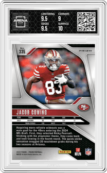 Jacob Cowing from the 2024 Panini Prizm set featuring a White Sparkle parallel graded by Arena Club and given an overall grade of 9.5.