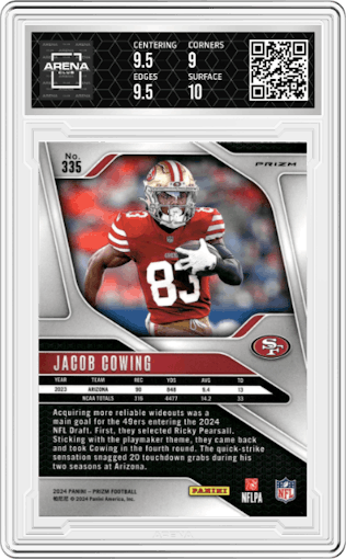 Jacob Cowing from the 2024 Panini Prizm set featuring a White Sparkle parallel graded by Arena Club and given an overall grade of 9.5.