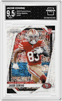 Jacob Cowing from the 2024 Panini Prizm set featuring a White Sparkle parallel graded by Arena Club and given an overall grade of 9.5.
