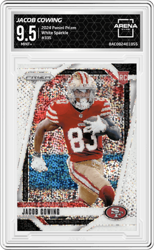 Jacob Cowing from the 2024 Panini Prizm set featuring a White Sparkle parallel graded by Arena Club and given an overall grade of 9.5.