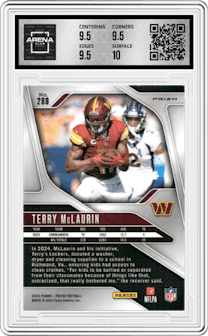 Terry McLaurin from the 2024 Panini Prizm set featuring a White Sparkle parallel graded by Arena Club and given an overall grade of 10.