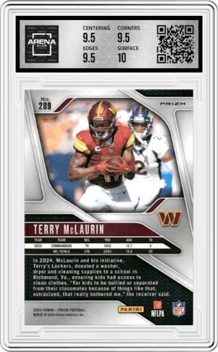 Terry McLaurin from the 2024 Panini Prizm set featuring a White Sparkle parallel graded by Arena Club and given an overall grade of 10.