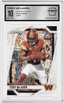Terry McLaurin from the 2024 Panini Prizm set featuring a White Sparkle parallel graded by Arena Club and given an overall grade of 10.