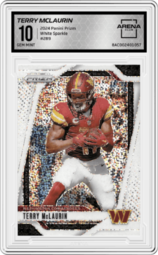 Terry McLaurin from the 2024 Panini Prizm set featuring a White Sparkle parallel graded by Arena Club and given an overall grade of 10.
