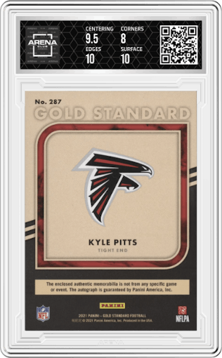 Kyle Pitts from the 2021 Panini Gold Standard set featuring a Prime parallel graded by Arena Club and given an overall grade of 8.5.