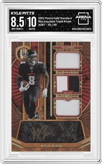 Kyle Pitts from the 2021 Panini Gold Standard set featuring a Prime parallel graded by Arena Club and given an overall grade of 8.5.