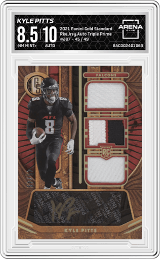 Kyle Pitts from the 2021 Panini Gold Standard set featuring a Prime parallel graded by Arena Club and given an overall grade of 8.5.