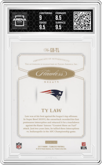 Ty Law from the 2017 Panini Flawless set graded by Arena Club and given an overall grade of 9.