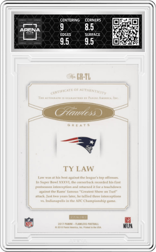 Ty Law from the 2017 Panini Flawless set graded by Arena Club and given an overall grade of 9.