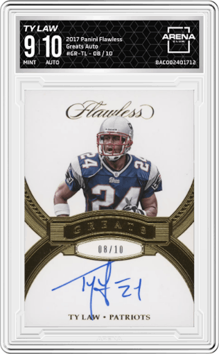 Ty Law from the 2017 Panini Flawless set graded by Arena Club and given an overall grade of 9.