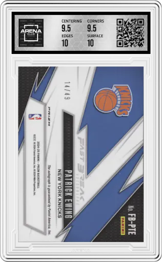 Patrick Ewing from the 2024-25 Panini Prizm set featuring a Blue parallel graded by Arena Club and given an overall grade of 10.