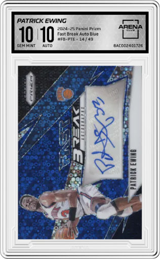 Patrick Ewing from the 2024-25 Panini Prizm set featuring a Blue parallel graded by Arena Club and given an overall grade of 10.