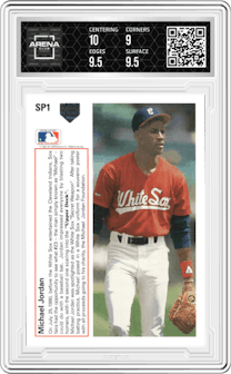 Michael Jordan from the 1991 Upper Deck set graded by Arena Club and given an overall grade of 9.5.