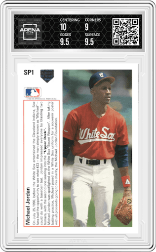 Michael Jordan from the 1991 Upper Deck set graded by Arena Club and given an overall grade of 9.5.