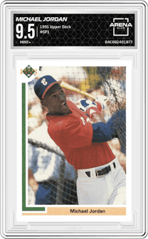 Michael Jordan from the 1991 Upper Deck set graded by Arena Club and given an overall grade of 9.5.